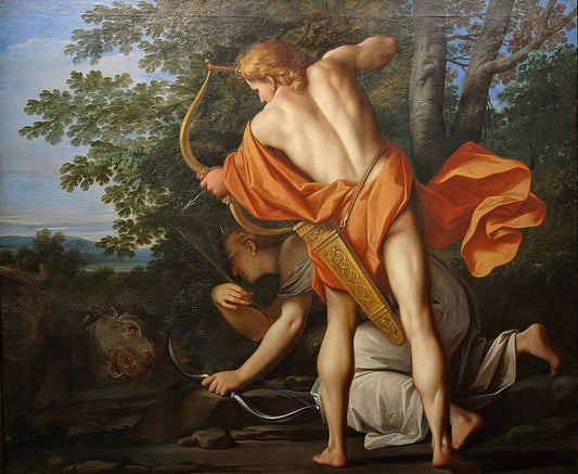Story of Venus and Diana - Apollo and Diana Killing a Python, vintage artwork by Marcantonio Franceschini, 12x8" (A4) Poster