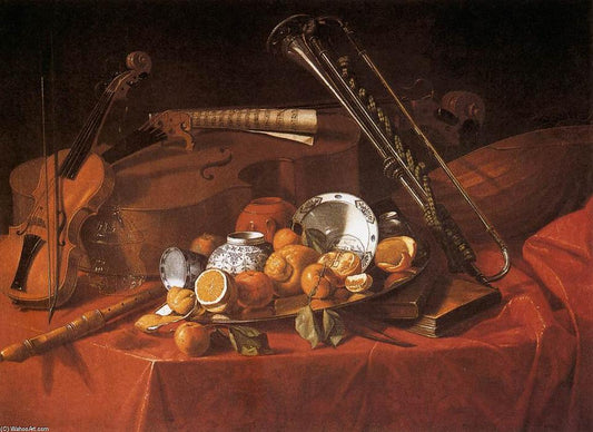 Still-Life with Musical Instruments, vintage artwork by Cristoforo Munari, 12x8" (A4) Poster