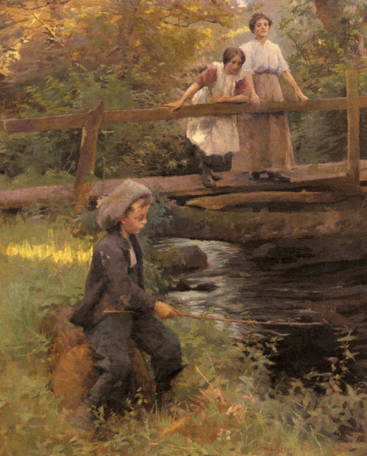 Fishing by  A Forest Stream, vintage artwork by Harold Charles Francis Harvey, 12x8" (A4) Poster