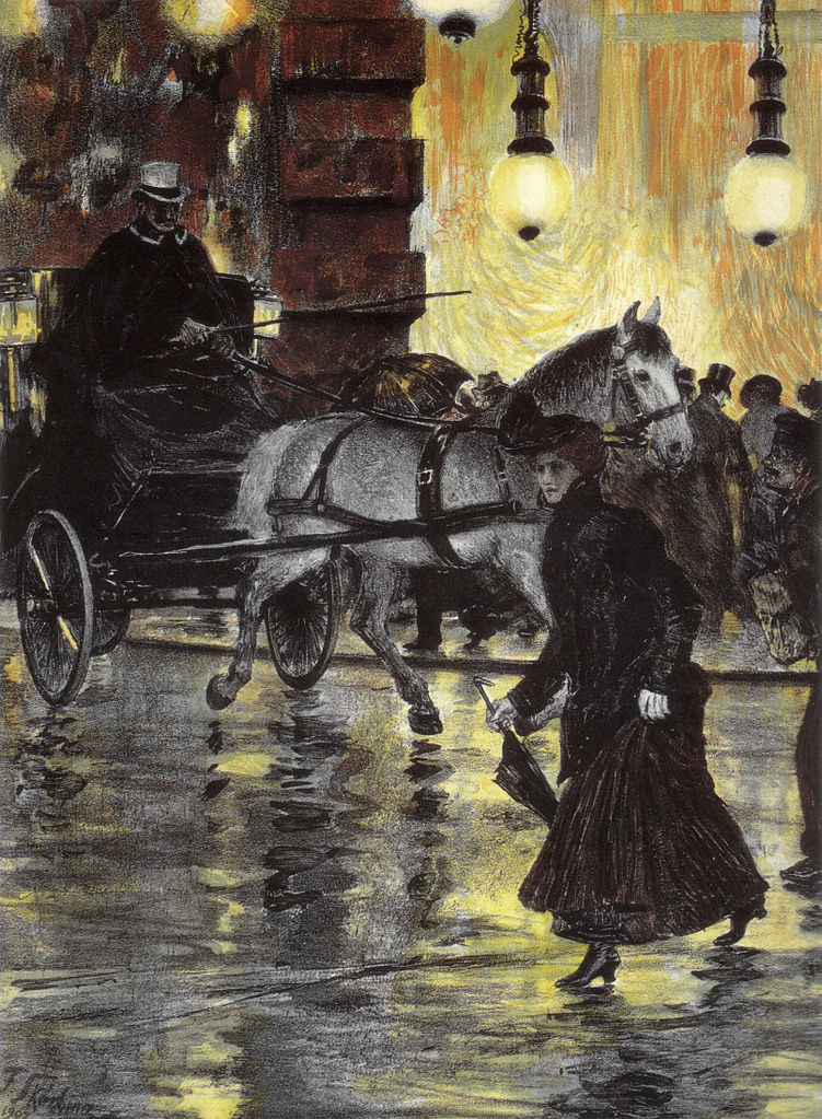 Frederick street on a rainy night, vintage artwork by Franz Skarbina, 12x8" (A4) Poster