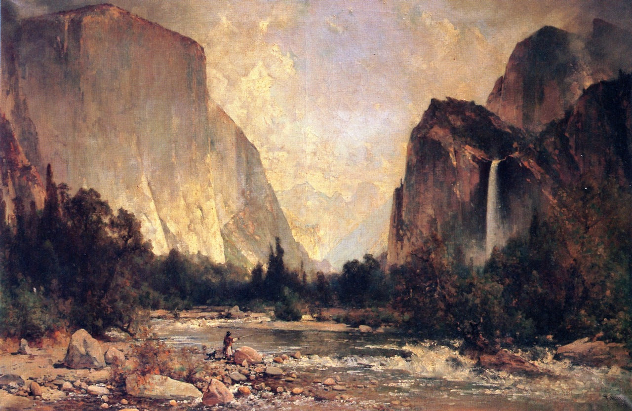 Fishing on the Merced River, Yosemite Valley, vintage artwork by Thomas Hill, 12x8" (A4) Poster