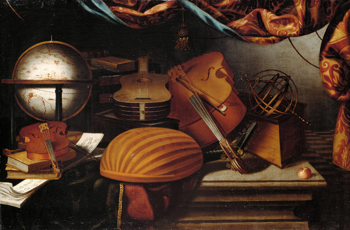 Still Life with Musical Instruments and Globe, vintage artwork by Evaristo Baschenis, 12x8