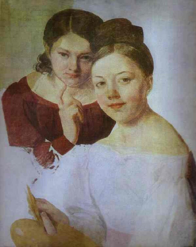 Portrait of Artist's Daughters Alexandra and Felisata, vintage artwork by Alexei Venetsianov, 12x8" (A4) Poster