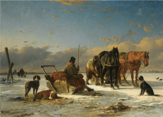 Preparing for the Horse-Drawn Sleigh Ride, vintage artwork by Joseph Morenhout, A3 (16x12") Poster Print