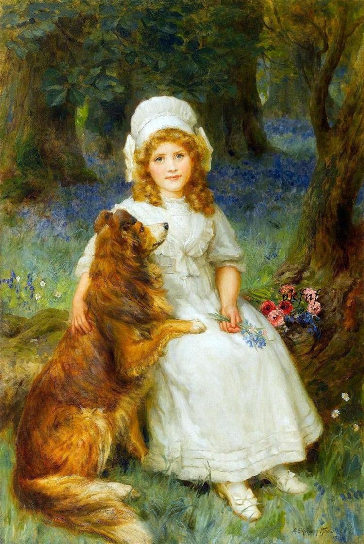 Young girl with pet collie seated on a log with flowers in a woodland scene, vintage artwork by George Sheridan Knowles, 12x8" (A4) Poster