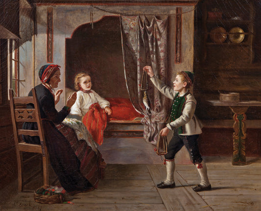 Interior with Woman and Children, vintage artwork by Karl Lorck, 12x8" (A4) Poster