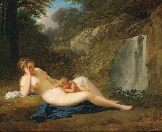 Reclining Nymph with Sleeping Cupid, vintage artwork by Jacques-Antoine Vallin, 12x8" (A4) Poster