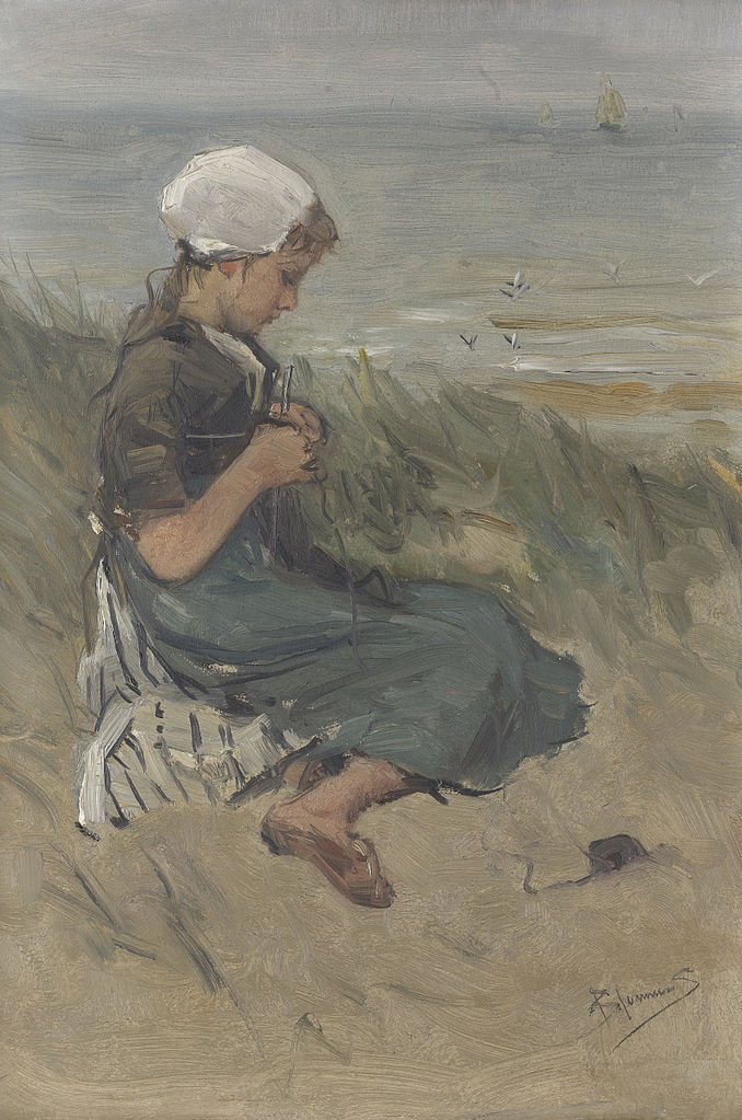 Knitting Girl on a Dune, vintage artwork by Bernard Blommers, 12x8" (A4) Poster