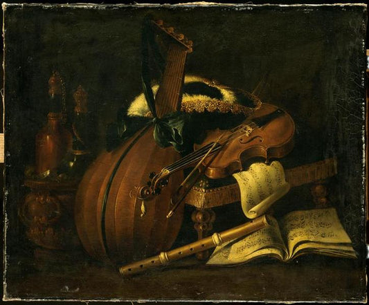 Still Life of Musical Instruments and a Tricorn, vintage artwork by Attributed to Evaristo Baschenis, 12x8" (A4) Poster
