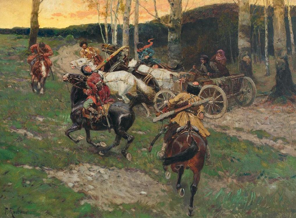 Circassian Horsemen Attack a Peasant Couple, vintage artwork by Franc Alekseevich Rubo, 12x8" (A4) Poster