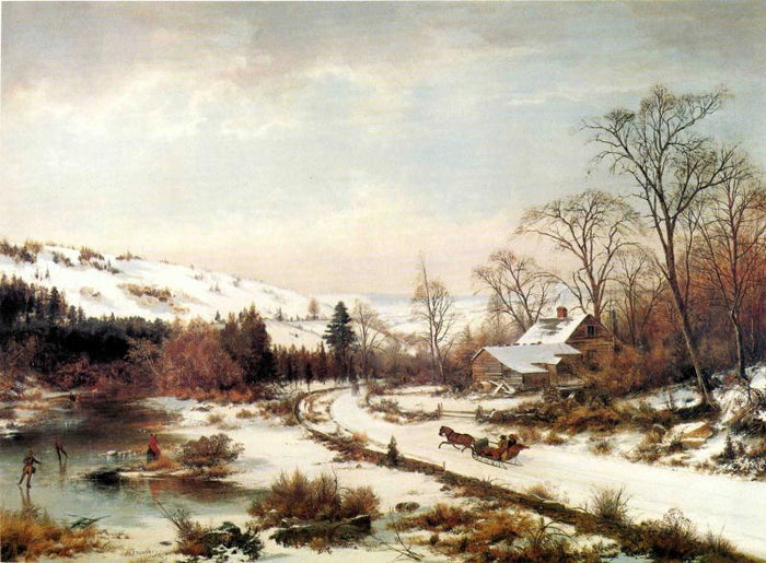 Winter Scene near Medford, Massachusetts, vintage artwork by Joseph Morviller, A3 (16x12