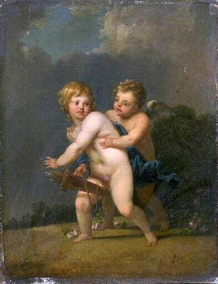 Cupids Fighting, vintage artwork by Jacques-Antoine Vallin, 12x8" (A4) Poster