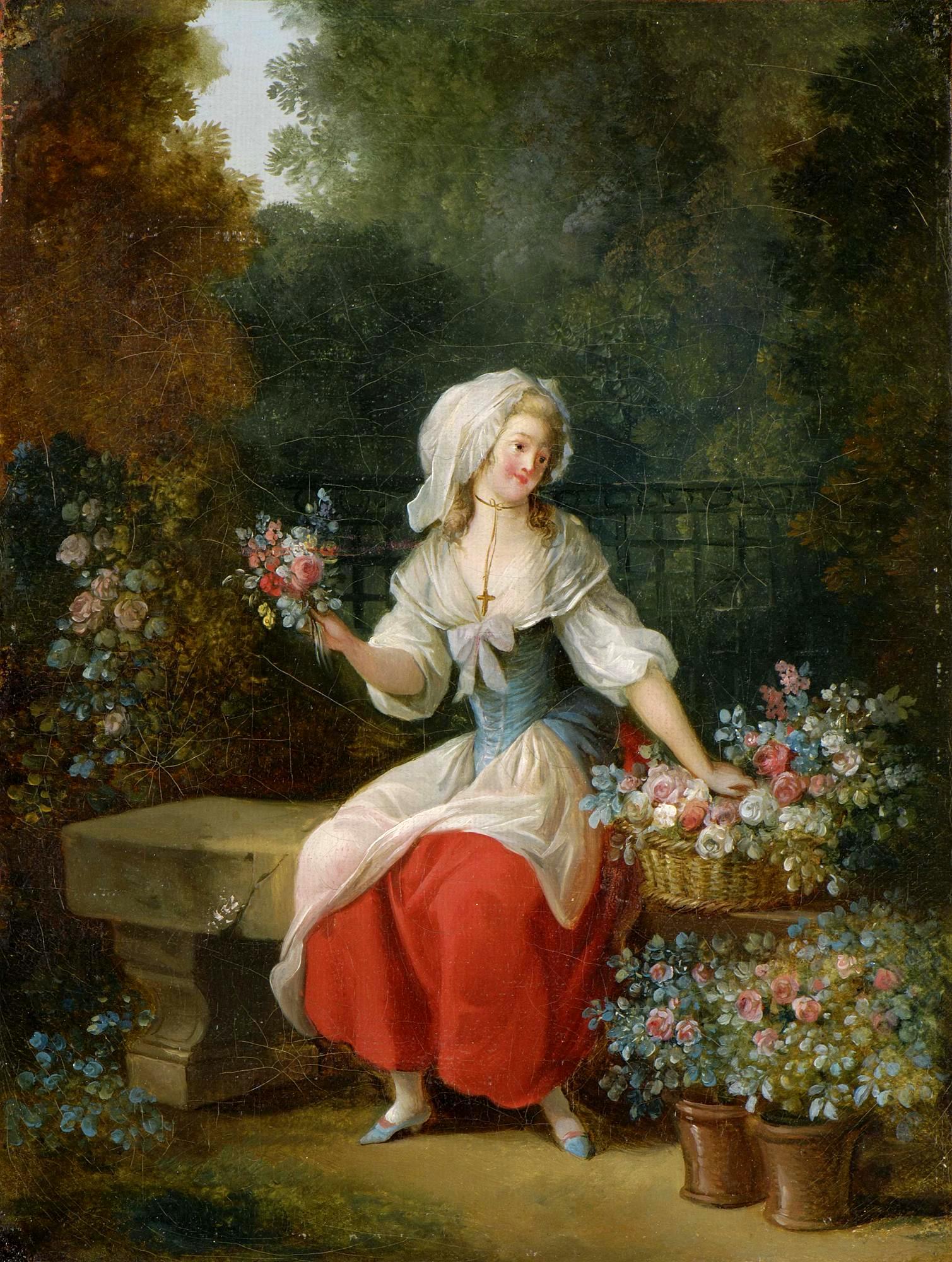 Flower-Woman in Red Apron, vintage artwork by Jean-Frederic Schall, 12x8" (A4) Poster