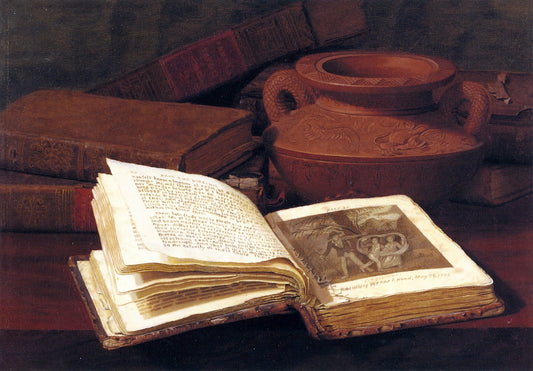 Books and Pottery Vase, vintage artwork by Claude Raguet Hirst, 12x8" (A4) Poster