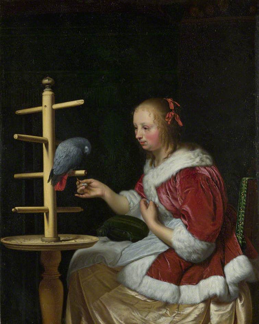 A Woman in a Red Jacket Feeding a Parrot, vintage artwork by Frans van Mieris the Elder, 12x8" (A4) Poster