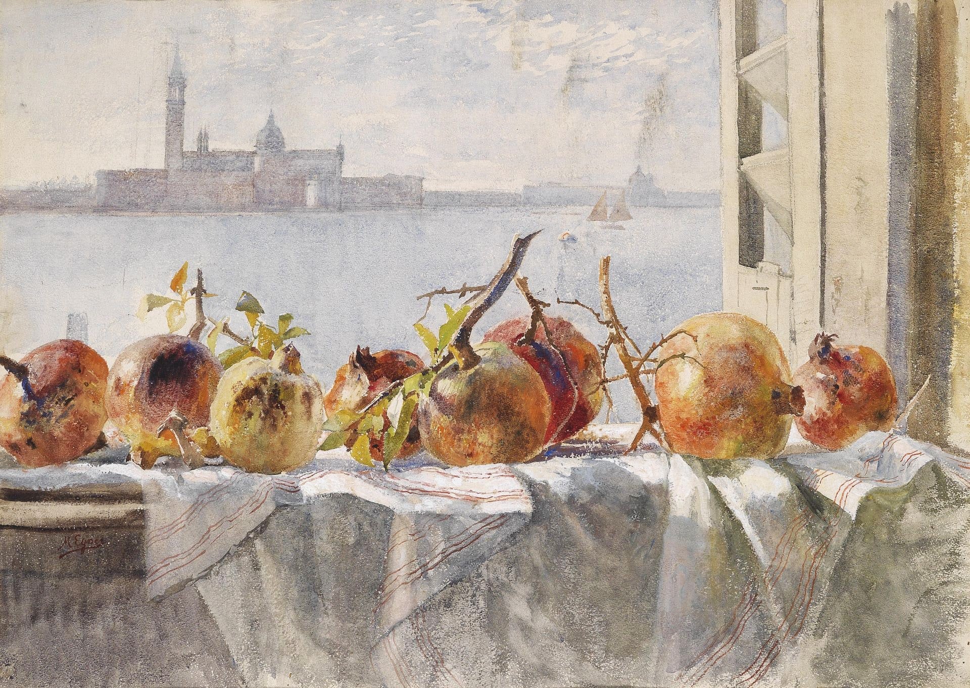 Pomegranates on a Window Sill, vintage artwork by Marie Egner, 12x8" (A4) Poster