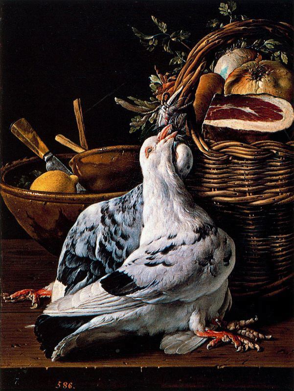 Still Life with Pigeons and Basket, vintage artwork by Luis Melendez, 12x8" (A4) Poster