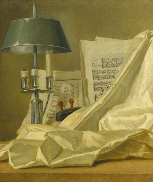 A still life with a bouillette lamp, a sheet of music, a violin and a white satin cloth on a ledge, vintage artwork by Henri-Horace Roland Delaporte, 12x8" (A4) Poster
