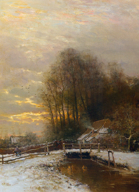 Winter Landscape with Peasant Woman and Child, vintage artwork by Louis Apol, 12x8" (A4) Poster
