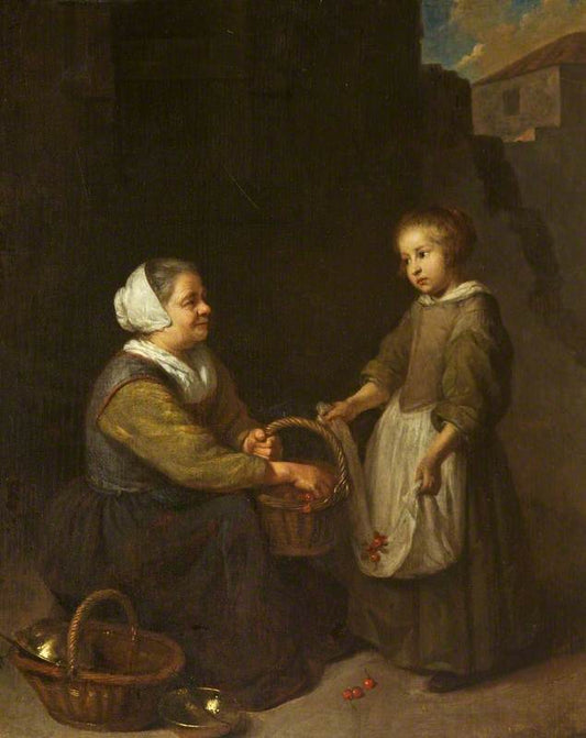 Cherry Woman with a Child, vintage artwork by Caspar Netscher, 12x8" (A4) Poster