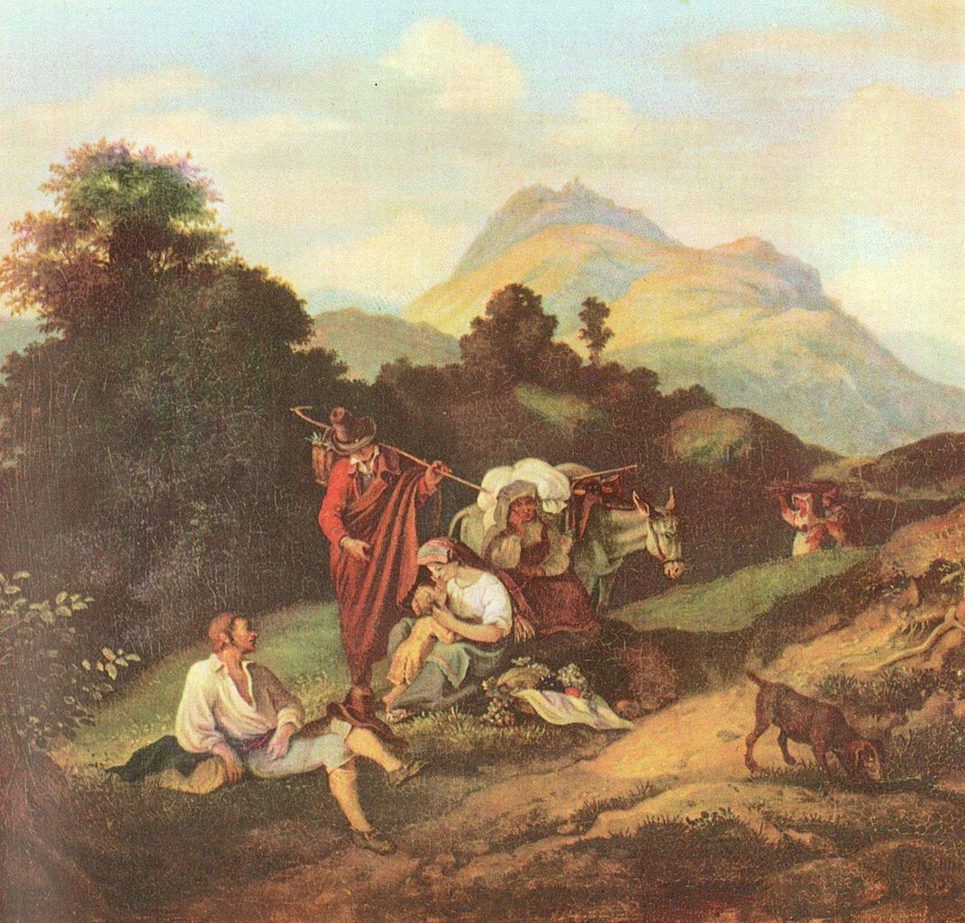 Italian Landscape with Resting Travellers, vintage artwork by Ludwig Richter, A3 (16x12") Poster Print