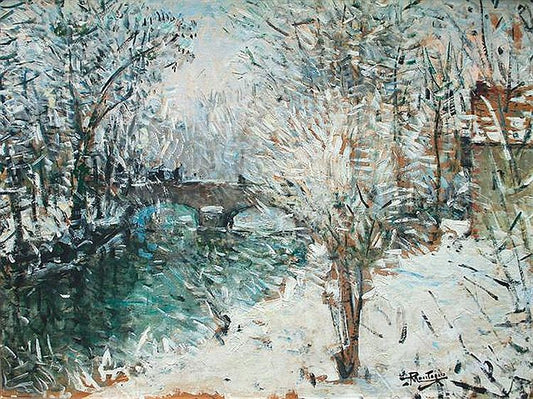 Bridge with Snow (Monthilet), vintage artwork by Pierre-Eugène Montezin, 12x8" (A4) Poster
