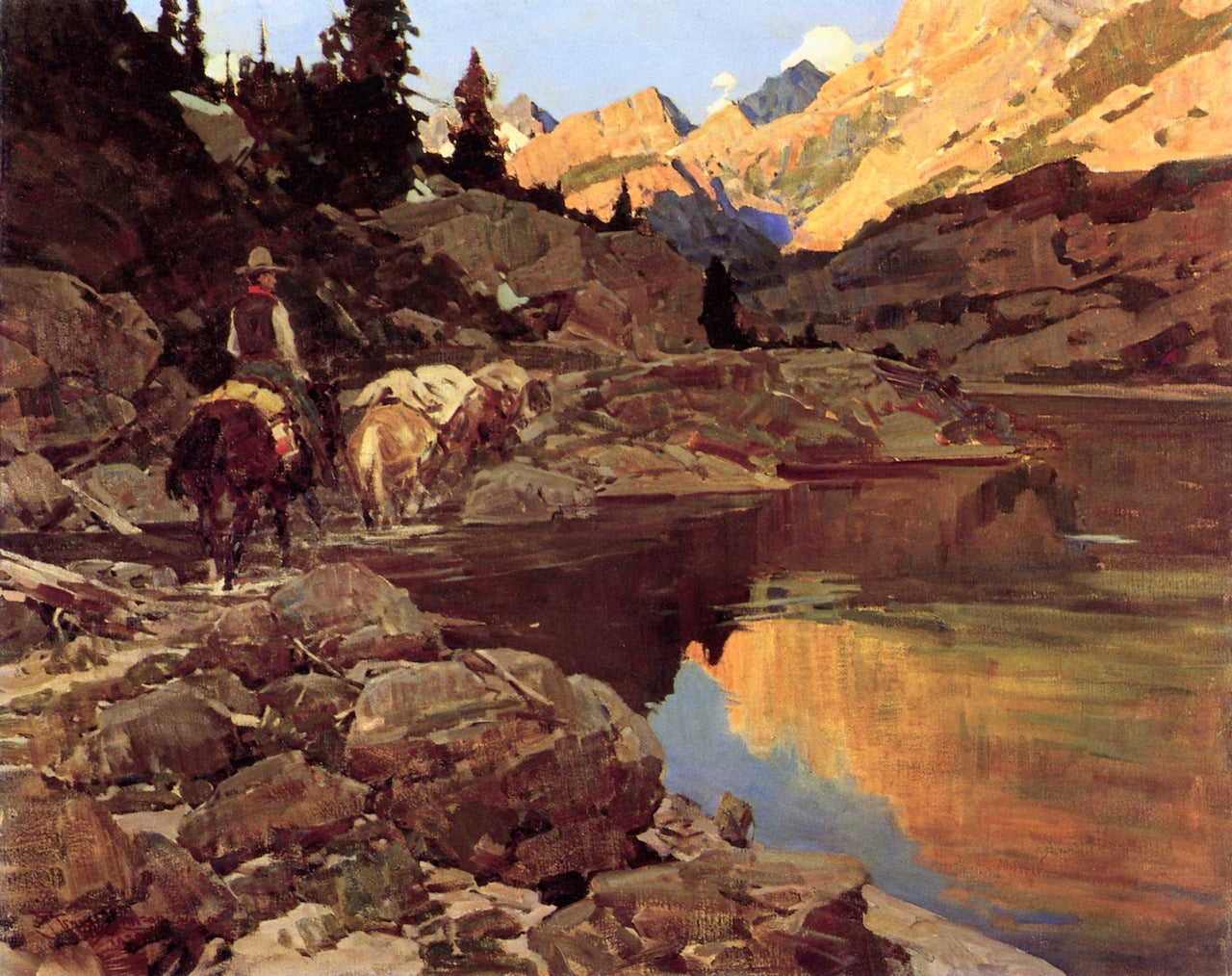 by  a Mountain Lake, vintage artwork by Frank Tenney Johnson, 12x8" (A4) Poster