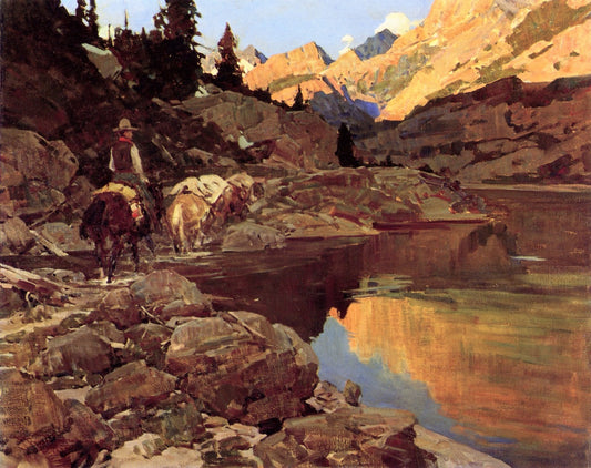 by  a Mountain Lake, vintage artwork by Frank Tenney Johnson, 12x8" (A4) Poster