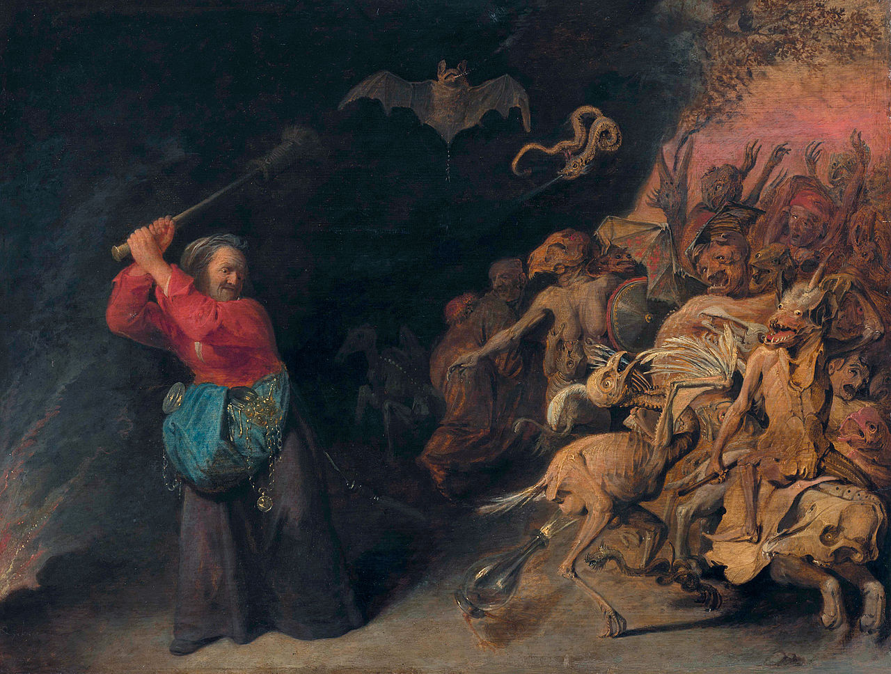 Old Woman Attacking Devils, vintage artwork by David Ryckaert III, 12x8" (A4) Poster
