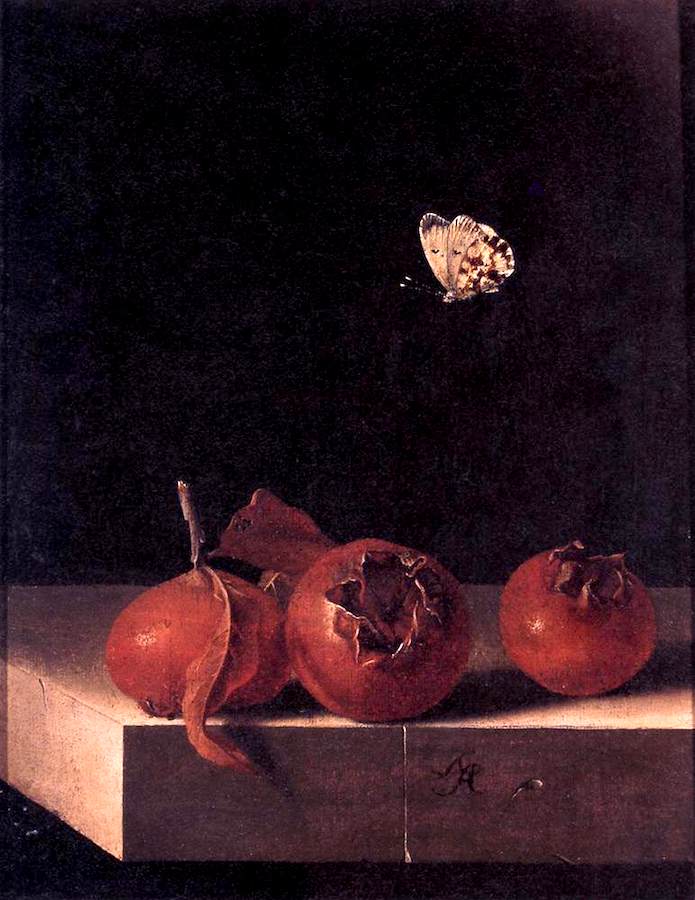 Still Life with Three Medlars and a Butterfly, vintage artwork by Adriaen Coorte, 12x8" (A4) Poster