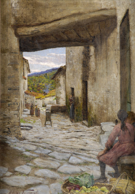 Village Street in Liguria, vintage artwork by Adolfo Tommasi, 12x8" (A4) Poster