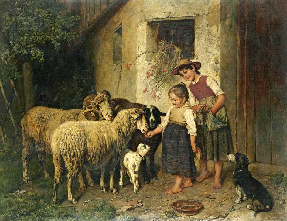 Feeding The Sheep, vintage artwork by Adolf Eberle, 12x8" (A4) Poster