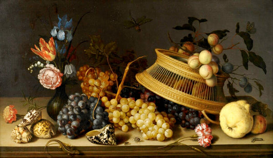 Still Life of Flowers, Fruit, Shells, and Insects, vintage artwork by Balthasar van der Ast, 12x8" (A4) Poster