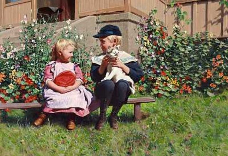 Children with cat by Johan Krouthen,A3(16x12")Poster