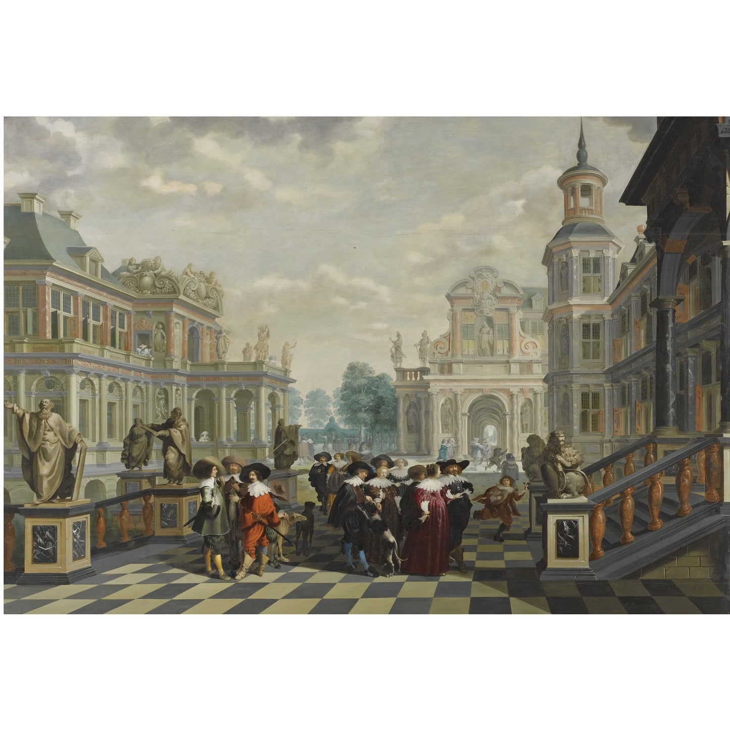 An Elaborate Palace Courtyard With Elegant Company, vintage artwork by Dirck van Delen, 12x8" (A4) Poster