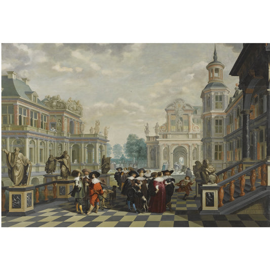 An Elaborate Palace Courtyard With Elegant Company, vintage artwork by Dirck van Delen, 12x8" (A4) Poster