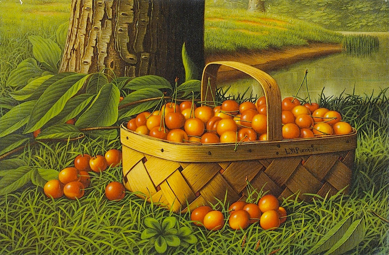 Cherries in a Basket, vintage artwork by Levi Wells Prentice, 12x8" (A4) Poster