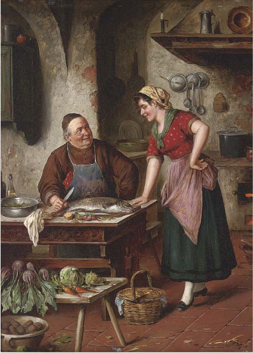 Discussing the recipe, vintage artwork by Carl Ostersetzer, 12x8" (A4) Poster