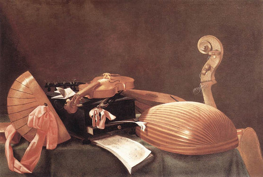 Still-life with Musical Instruments, vintage artwork by Evaristo Baschenis, 12x8" (A4) Poster