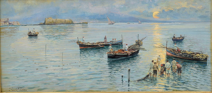 Harbor with Fishermen, vintage artwork by Fausto Pratella, 12x8" (A4) Poster