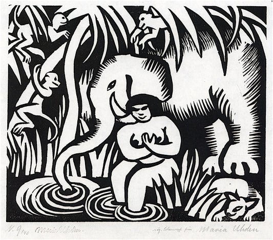 Elephant at the Water, vintage artwork by Maria Uhden, 12x8" (A4) Poster