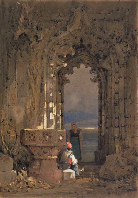 Gothic ruin - archway and font (Whitby  Abbey?), vintage artwork by Samuel Prout, 12x8" (A4) Poster