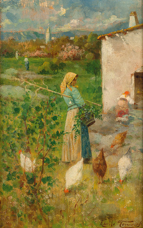 Landscape with Peasant and Chickens, vintage artwork by Adolfo Tommasi, 12x8" (A4) Poster