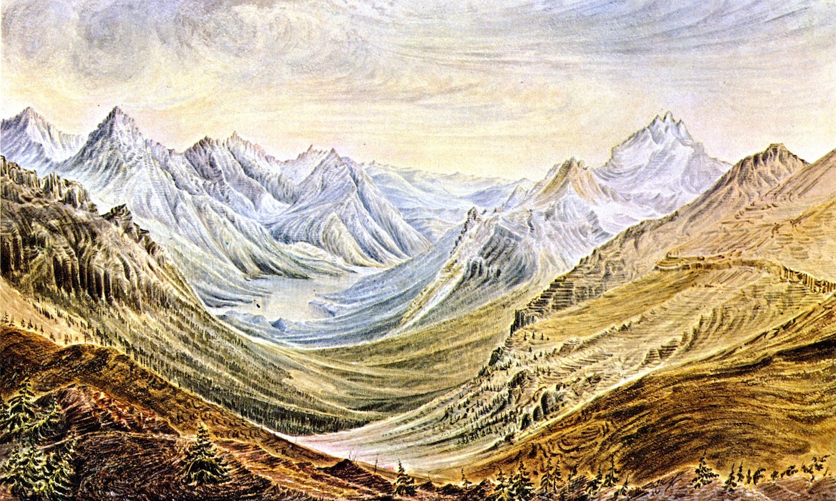 View from Monument at Summit Looking West along 49th Parallel. Highest Peak Kintla Range Bears S. 25 W., vintage artwork by James Madison Alden, 12x8" (A4) Poster