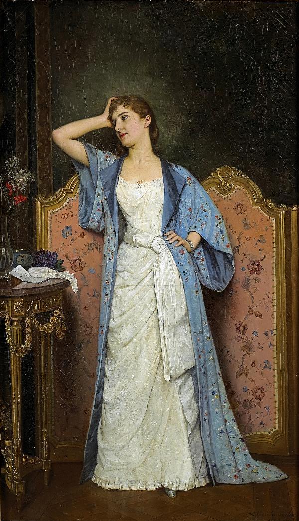 Young Woman by  the Screen, vintage artwork by Auguste Toulmouche, 12x8" (A4) Poster