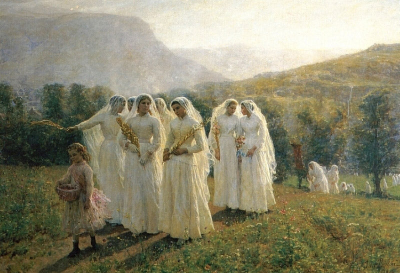 Young Women Going to a Procession, vintage artwork by Jules-Adolphe Breton, 12x8" (A4) Poster