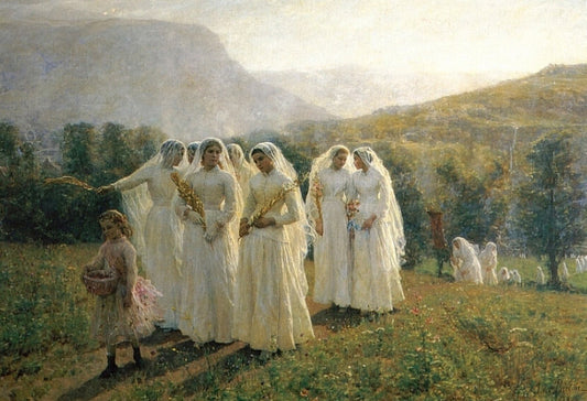 Young Women Going to a Procession, vintage artwork by Jules-Adolphe Breton, 12x8" (A4) Poster
