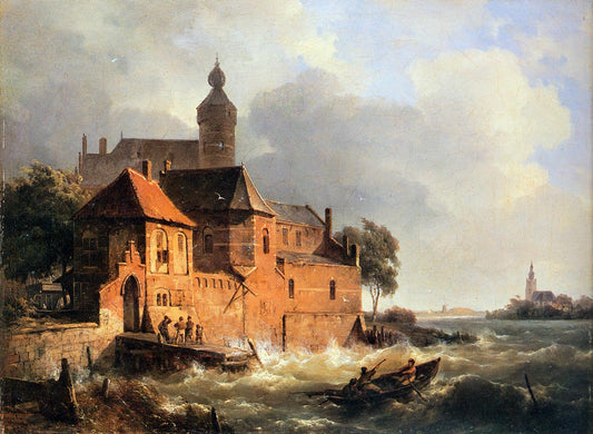Men in boat at choppy sea, vintage artwork by Cornelis Springer, A3 (16x12") Poster Print
