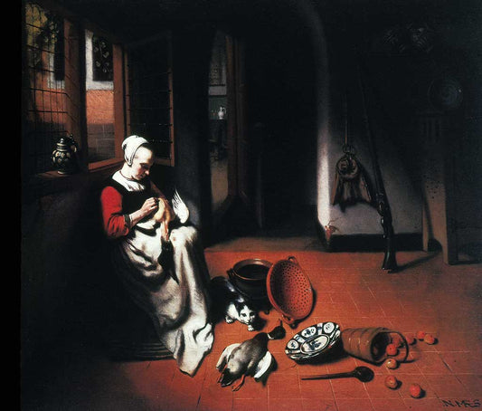 Woman Plucking a Duck, vintage artwork by Nicolaes Maes, 12x8" (A4) Poster