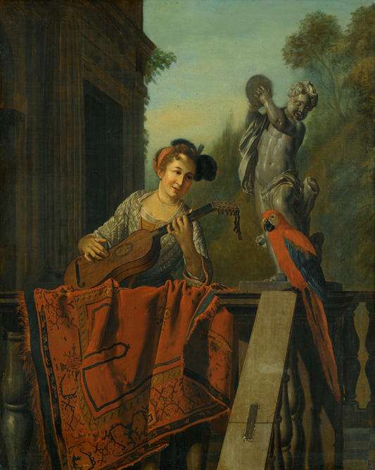 A Guitar player and parrot, vintage artwork by Jan Josef Horemans the Elder, 12x8" (A4) Poster